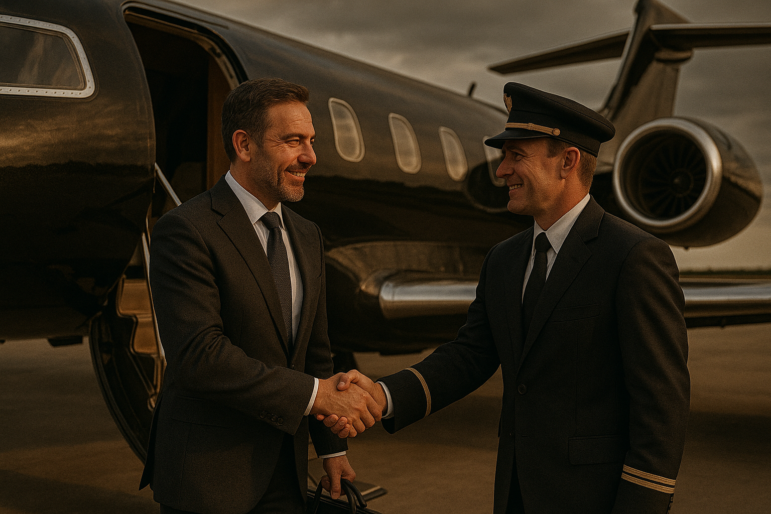 A man in a suit shakes hands with a pilot next to a Singer Group private jet on an airport tarmac at sunset, both smiling in a professional greeting.