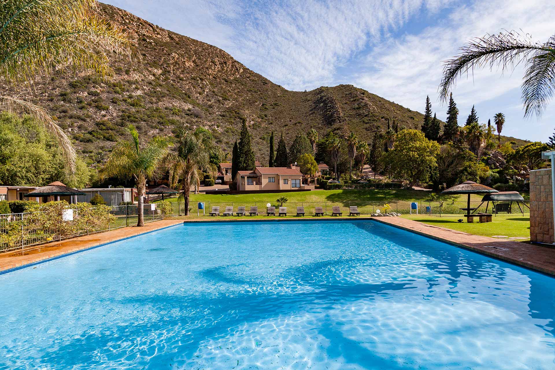 A large outdoor swimming pool with clear blue water, surrounded by lounge chairs and palm trees, offers a relaxing spot where you might imagine a Singer Group performing against green hills and a partly cloudy sky. Houses and trees are visible in the background.